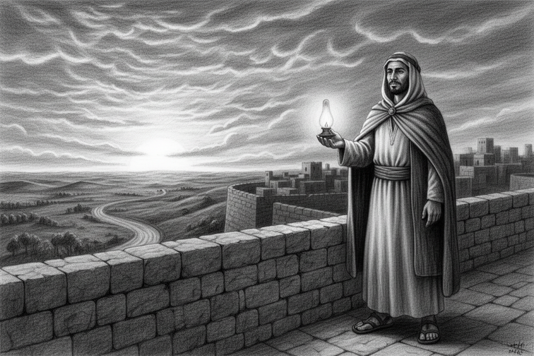 Black-and-white graphite drawing of a calm Jewish watchman holding a steady oil lamp as dawn brightens the horizon