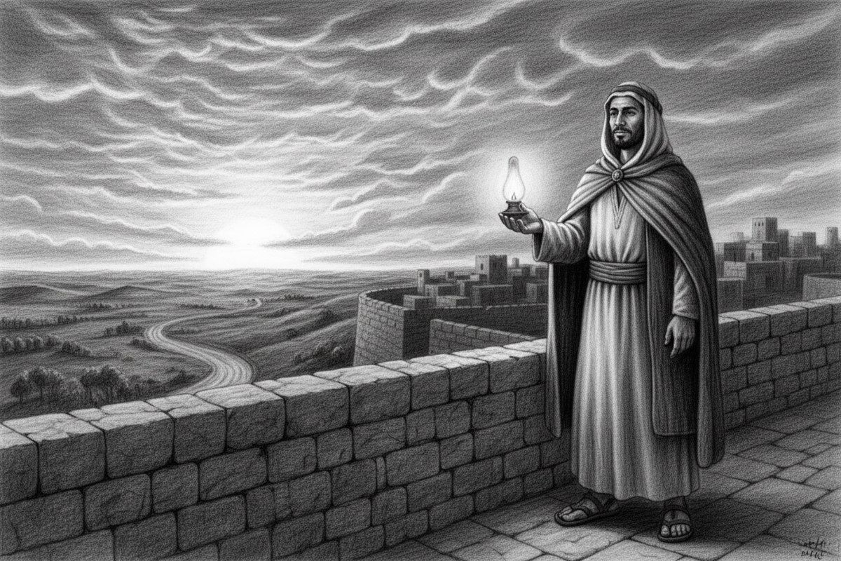 Black-and-white graphite drawing of a calm Jewish watchman holding a steady oil lamp as dawn brightens the horizon