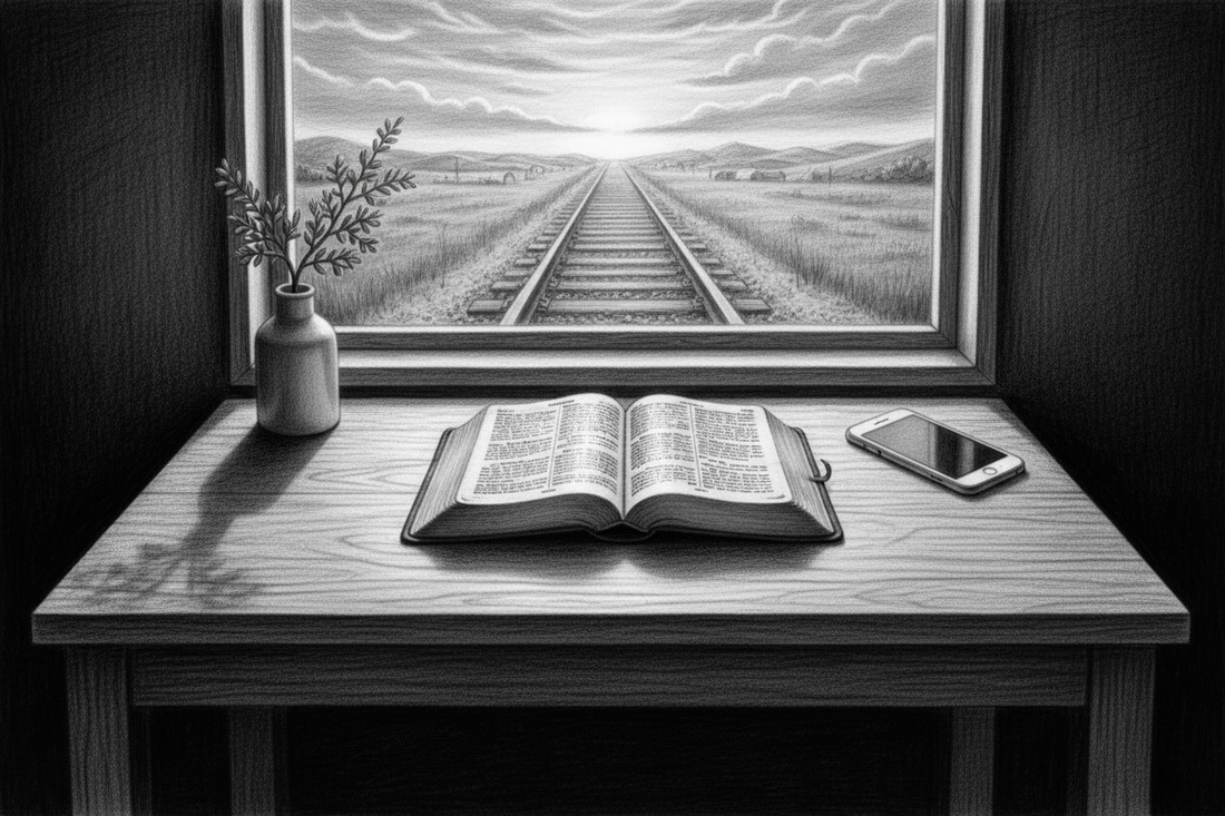 Black-and-white graphite drawing of an open Bible on a clear morning desk with distant railway tracks beyond the window