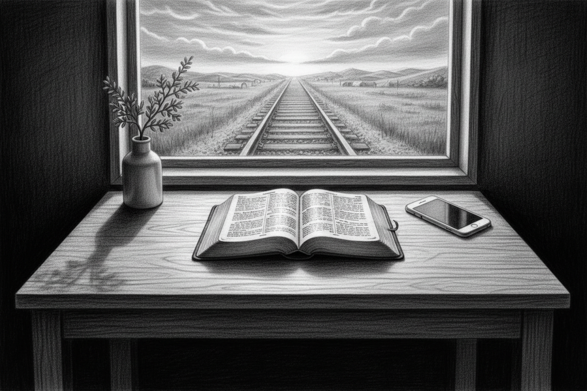 Black-and-white graphite drawing of an open Bible on a clear morning desk with distant railway tracks beyond the window
