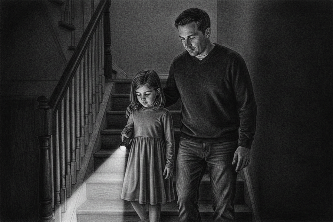 Black-and-white graphite drawing of a father guiding his daughter in a modest below-the-knee dress down a dark staircase by flashlight