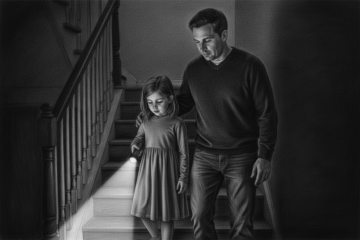 Black-and-white graphite drawing of a father guiding his daughter in a modest below-the-knee dress down a dark staircase by flashlight