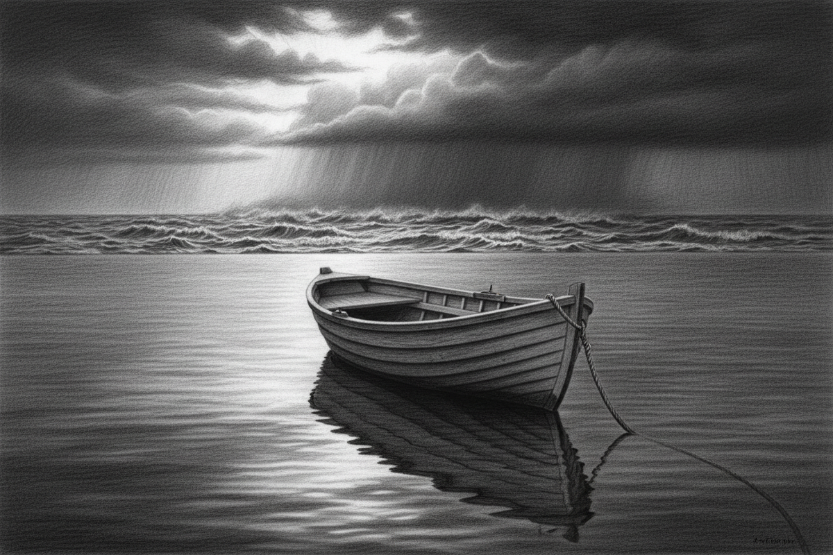 Black-and-white graphite drawing of a small anchored boat in calm water while a powerful storm clears across the distant sea