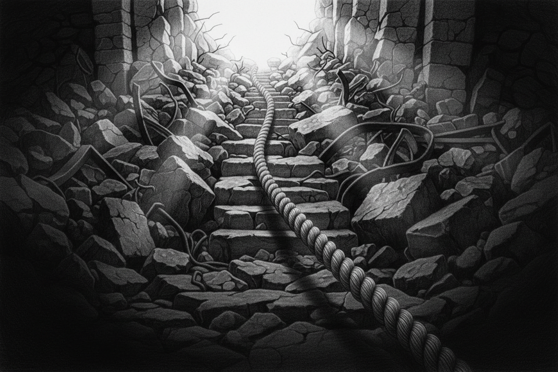 Black-and-white graphite drawing of an unbroken rescue rope passing through collapsed stone and debris toward bright daylight