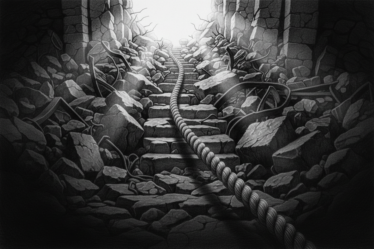 Black-and-white graphite drawing of an unbroken rescue rope passing through collapsed stone and debris toward bright daylight