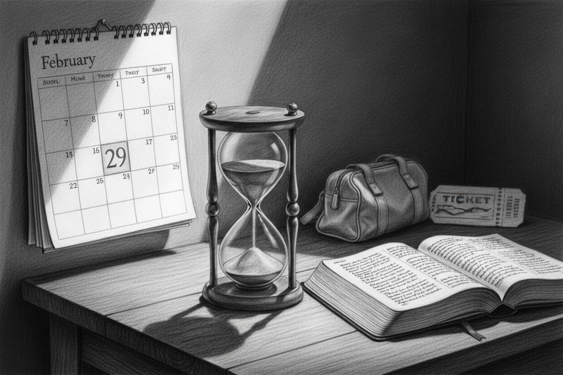Black-and-white graphite drawing of a February calendar, hourglass, and open Bible illuminated by morning light