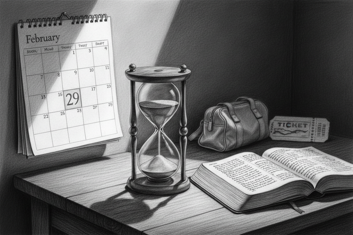 Black-and-white graphite drawing of a February calendar, hourglass, and open Bible illuminated by morning light