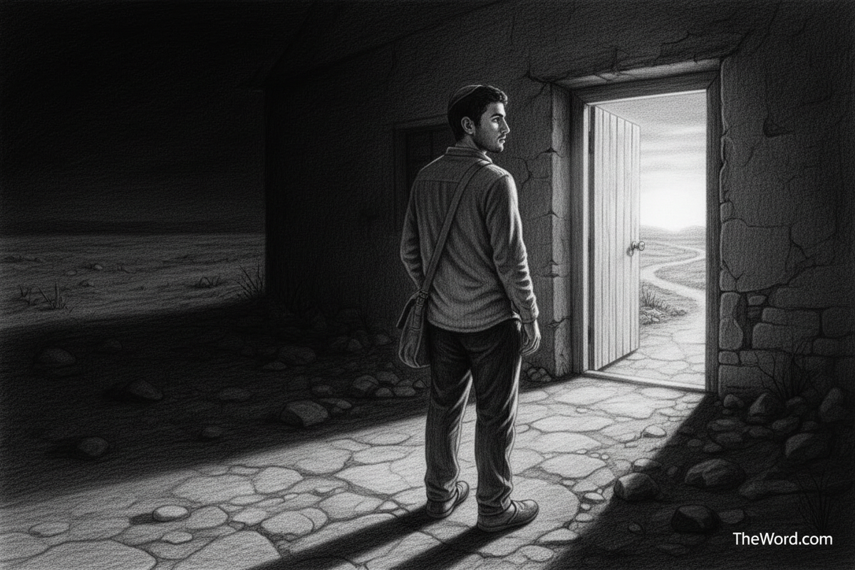 Black-and-white graphite drawing of a traveler turning from a shadowed road toward an open, warmly lit home at sunrise