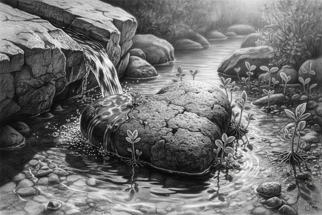 Black-and-white graphite drawing of clear spring water washing across a weathered heart-shaped stone beside tender new growth