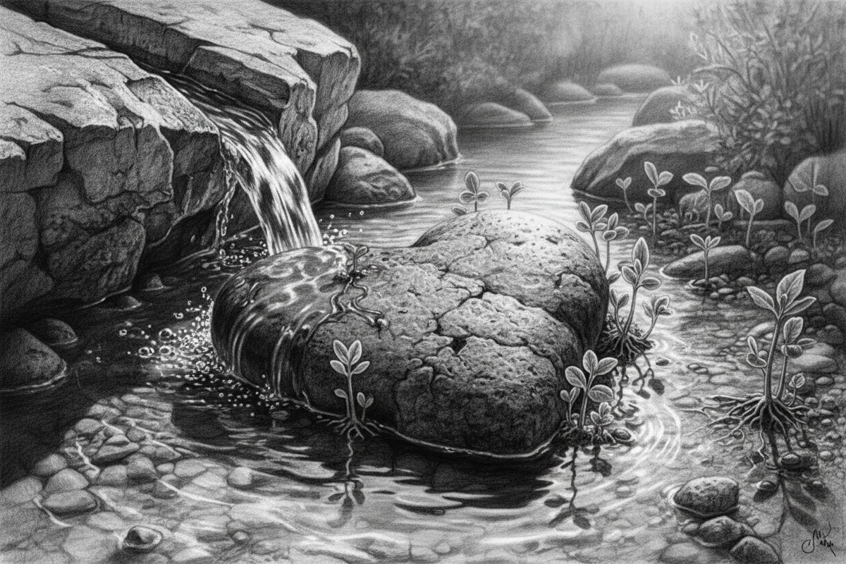 Black-and-white graphite drawing of clear spring water washing across a weathered heart-shaped stone beside tender new growth