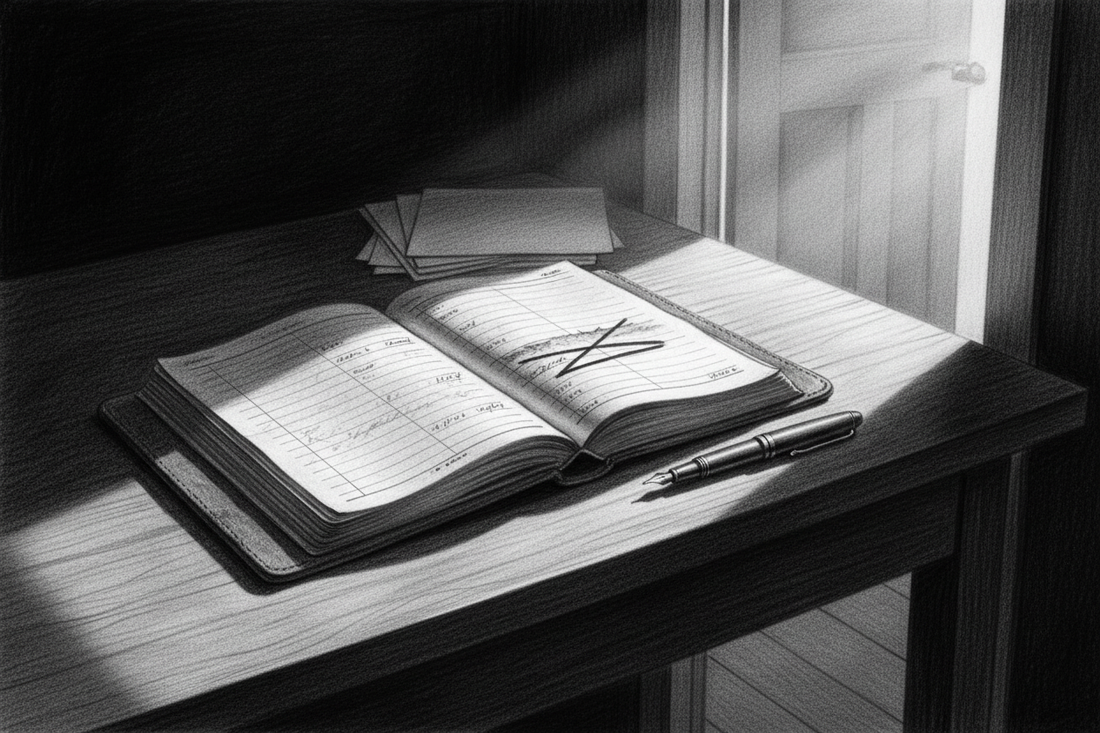 Black-and-white graphite drawing of an open ledger brought from shadow into clean morning light through an open doorway