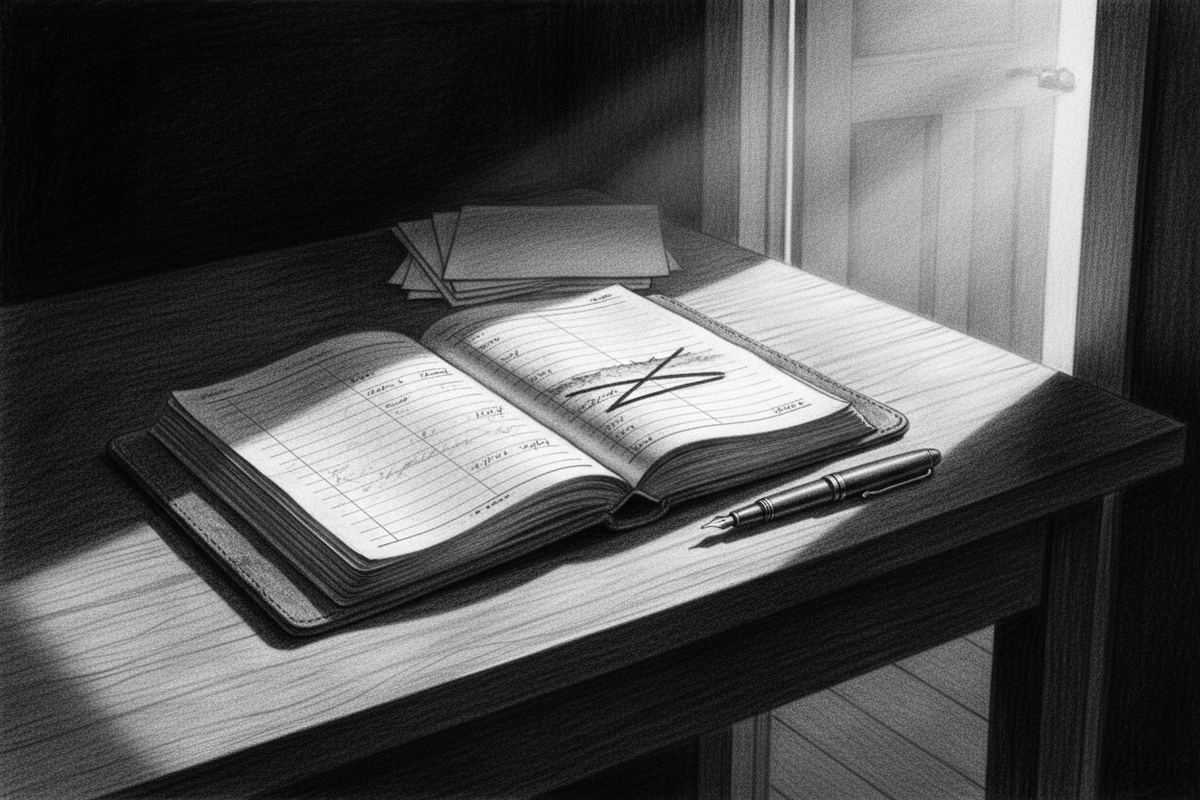 Black-and-white graphite drawing of an open ledger brought from shadow into clean morning light through an open doorway