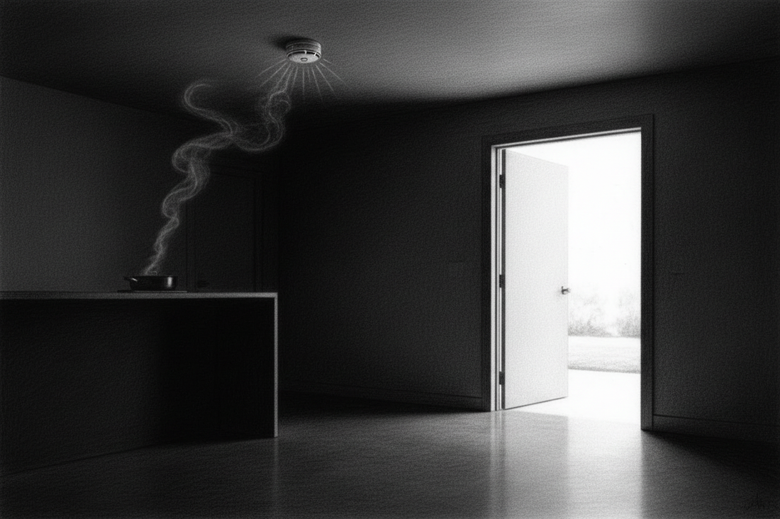 Black-and-white graphite drawing of a sounding smoke alarm and a clear illuminated exit path from a shadowed home