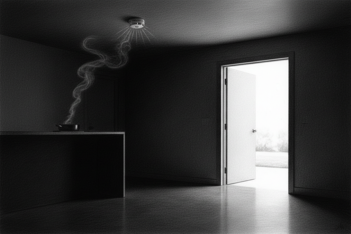 Black-and-white graphite drawing of a sounding smoke alarm and a clear illuminated exit path from a shadowed home