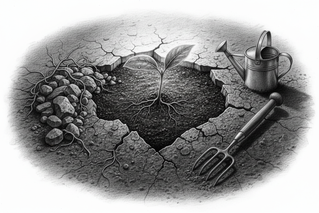 Black-and-white graphite drawing of renewed garden soil with a healthy new shoot and deepening roots in morning light