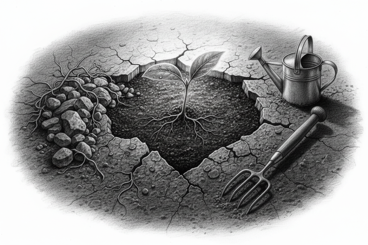 Black-and-white graphite drawing of renewed garden soil with a healthy new shoot and deepening roots in morning light