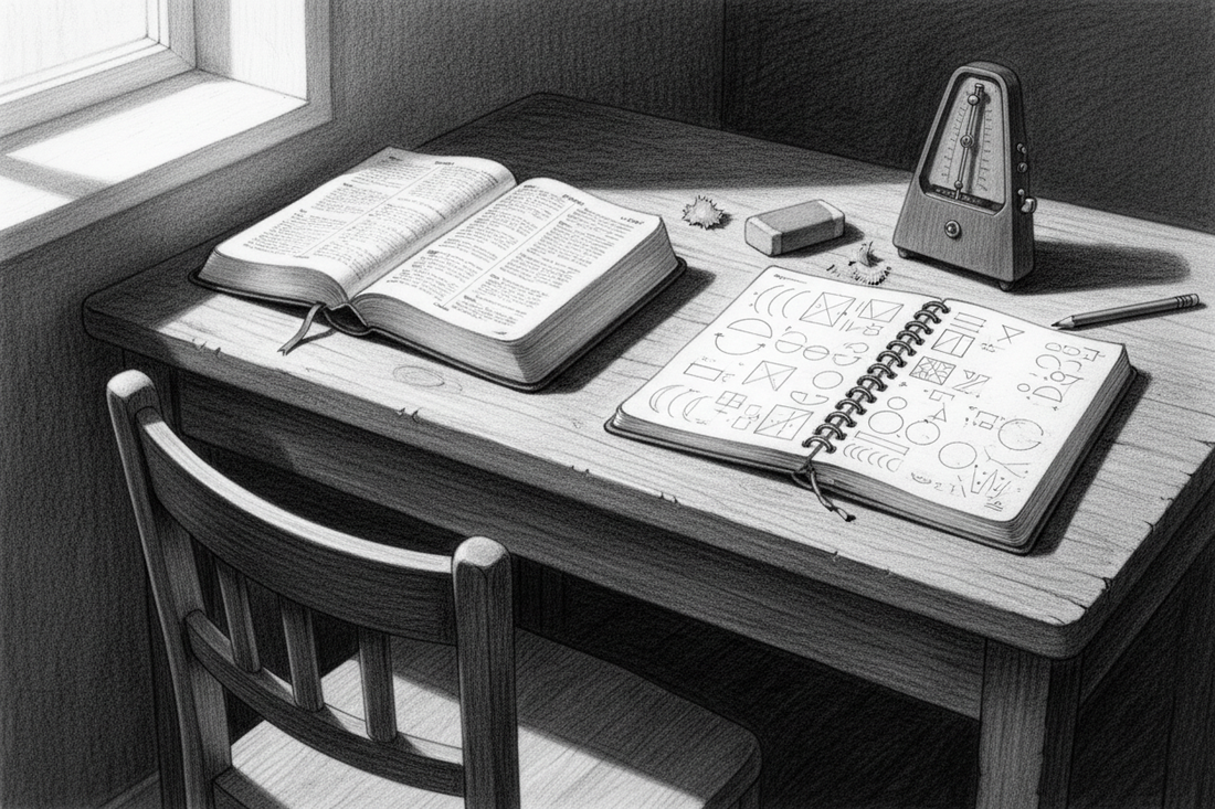 Black-and-white graphite drawing of an open Bible, learner’s notebook, and metronome arranged for patient practice in morning light