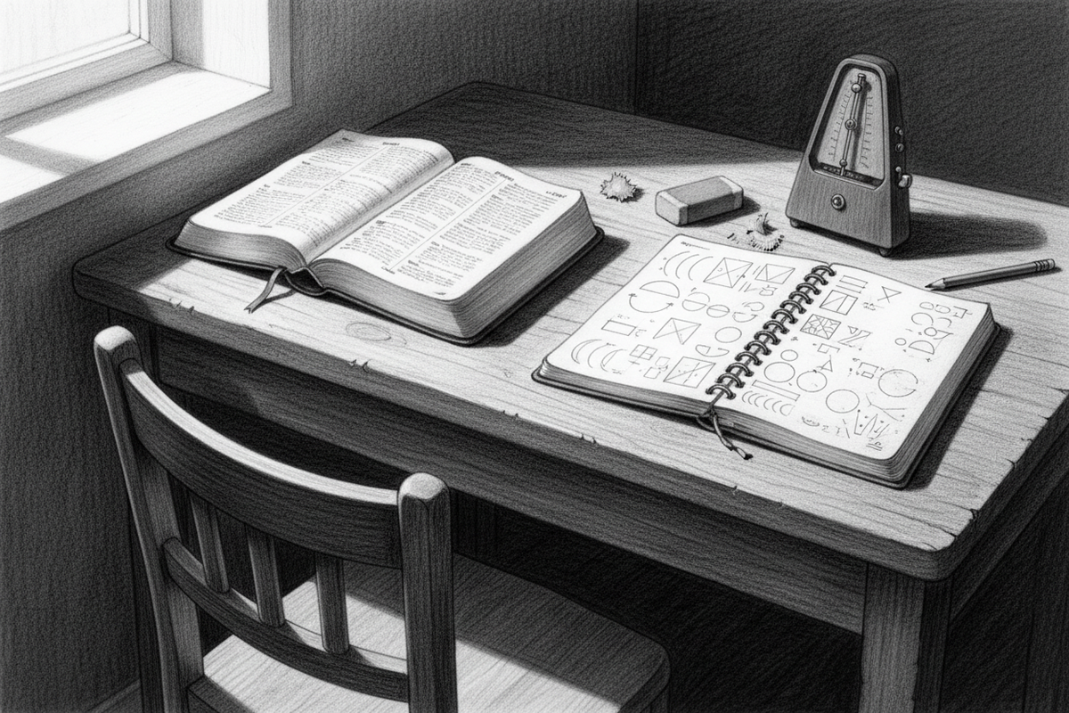 Black-and-white graphite drawing of an open Bible, learner’s notebook, and metronome arranged for patient practice in morning light