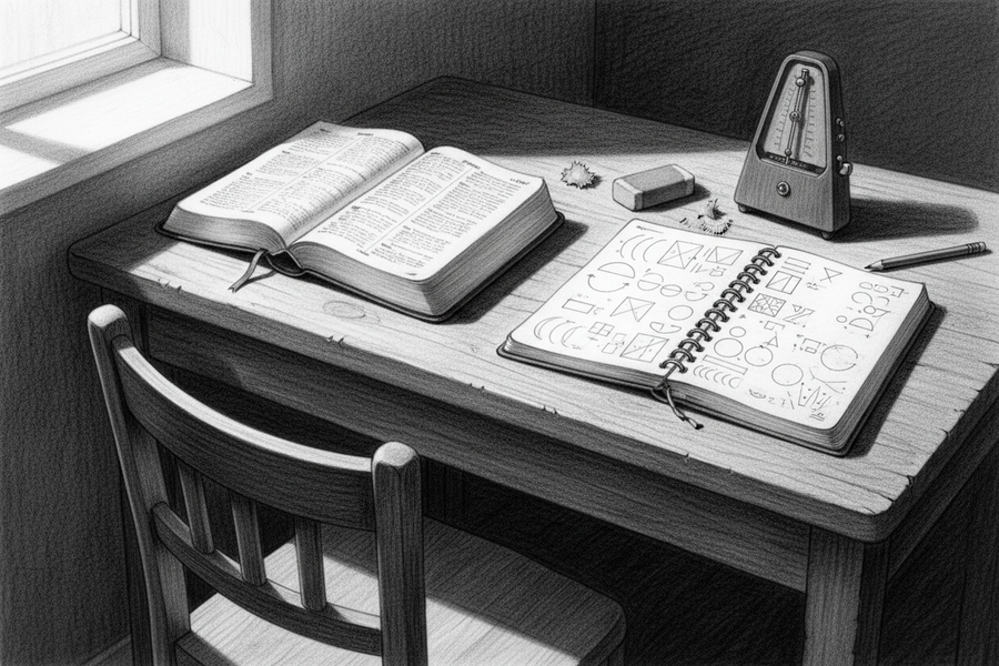 Black-and-white graphite drawing of an open Bible, learner’s notebook, and metronome arranged for patient practice in morning light