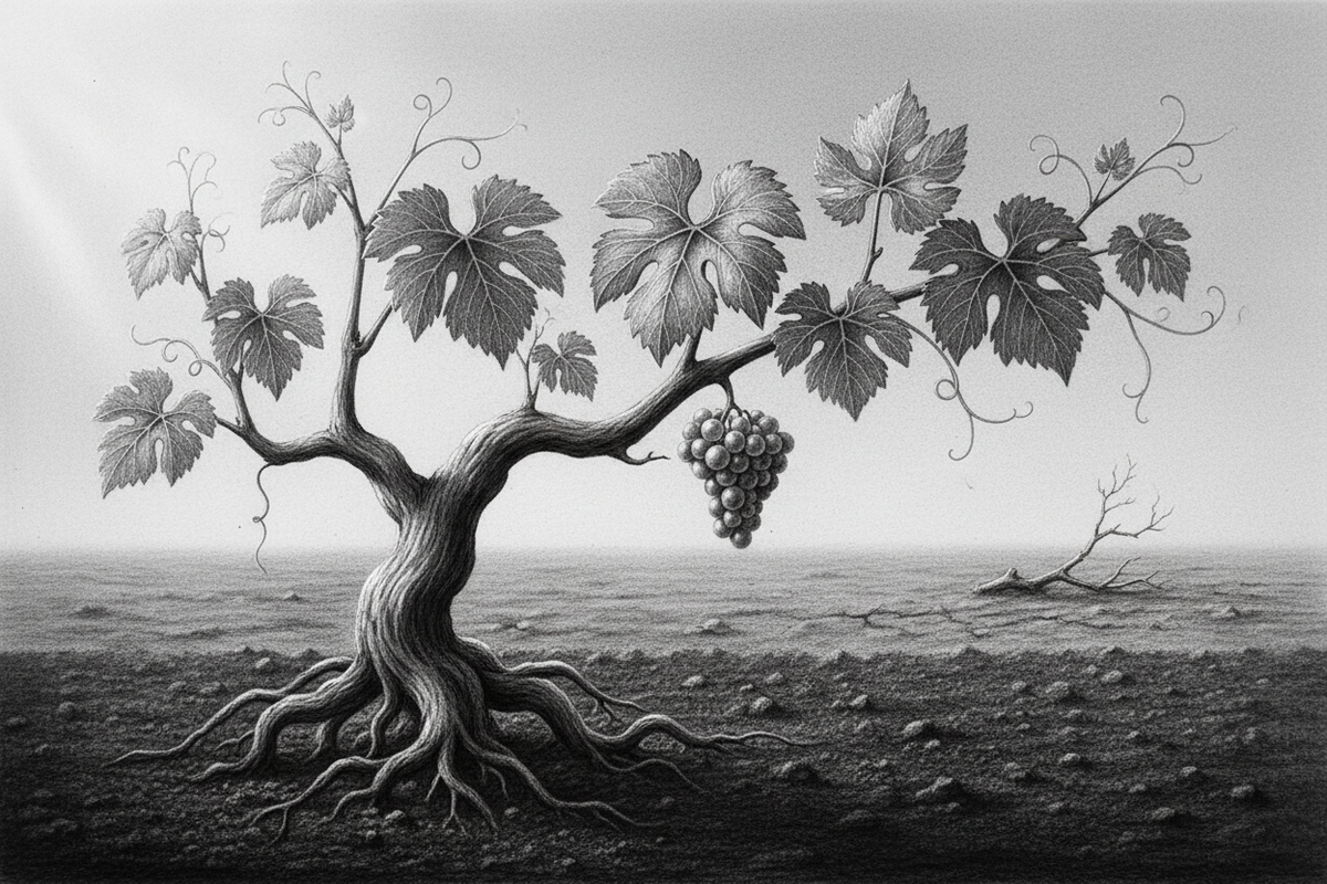 Black-and-white graphite drawing of a living grape branch joined to a strong rooted vine and beginning to bear fruit