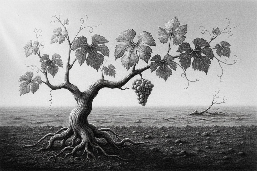 Black-and-white graphite drawing of a living grape branch joined to a strong rooted vine and beginning to bear fruit