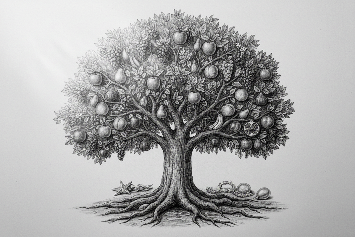 Black-and-white graphite drawing of one flourishing, deeply rooted tree with nine unified fruit-bearing branches