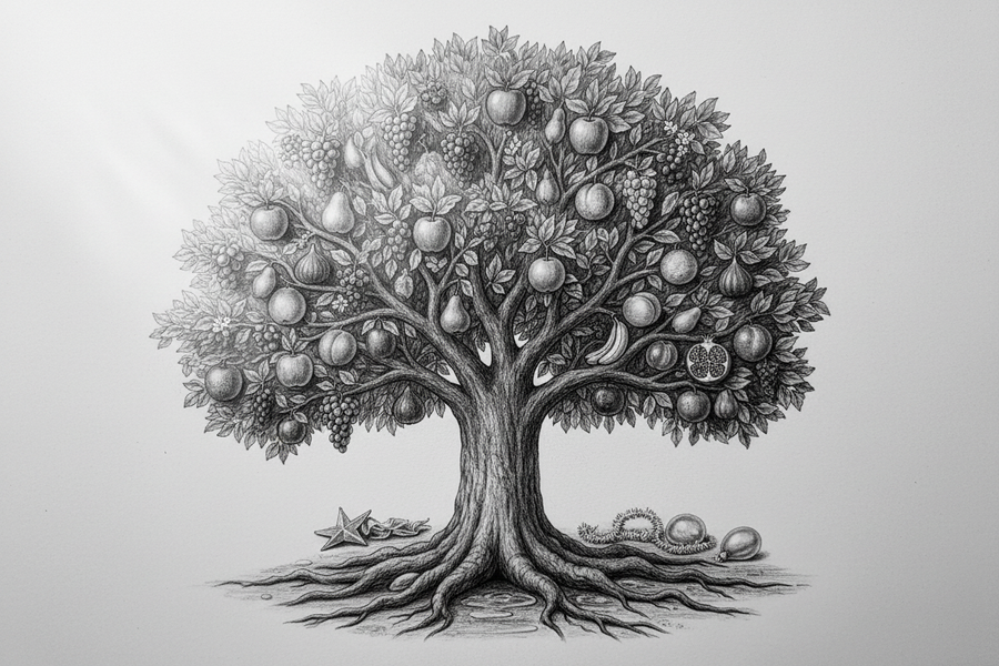 Black-and-white graphite drawing of one flourishing, deeply rooted tree with nine unified fruit-bearing branches