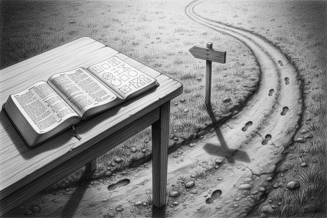 Black-and-white graphite drawing of an open Bible beside an old shadowed rut and a new path leading toward morning light