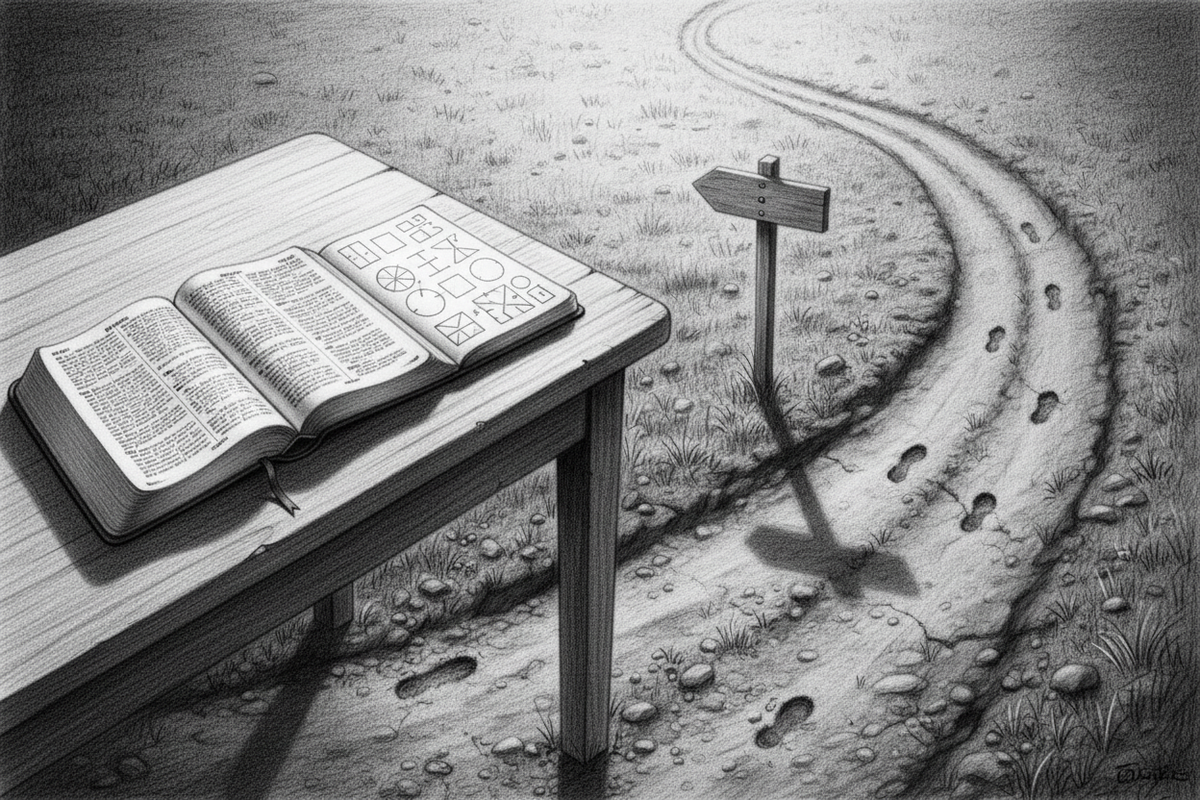 Black-and-white graphite drawing of an open Bible beside an old shadowed rut and a new path leading toward morning light