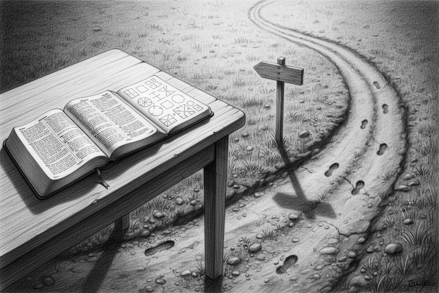 Black-and-white graphite drawing of an open Bible beside an old shadowed rut and a new path leading toward morning light
