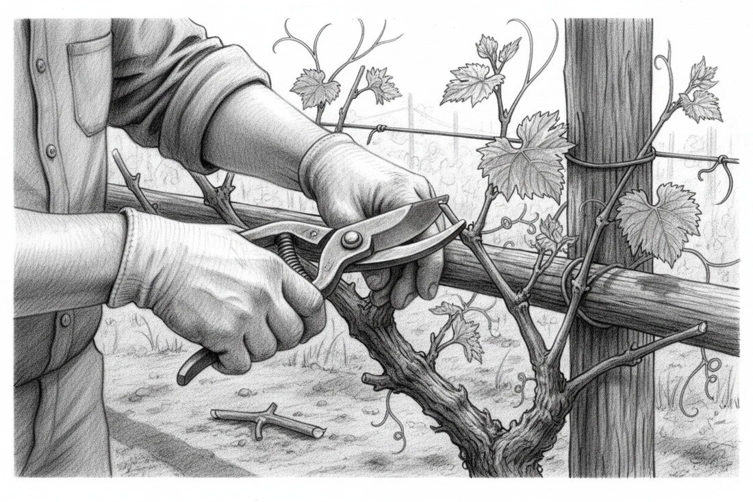 Black-and-white graphite drawing of a gardener carefully pruning one overcrowded grapevine branch in spring light