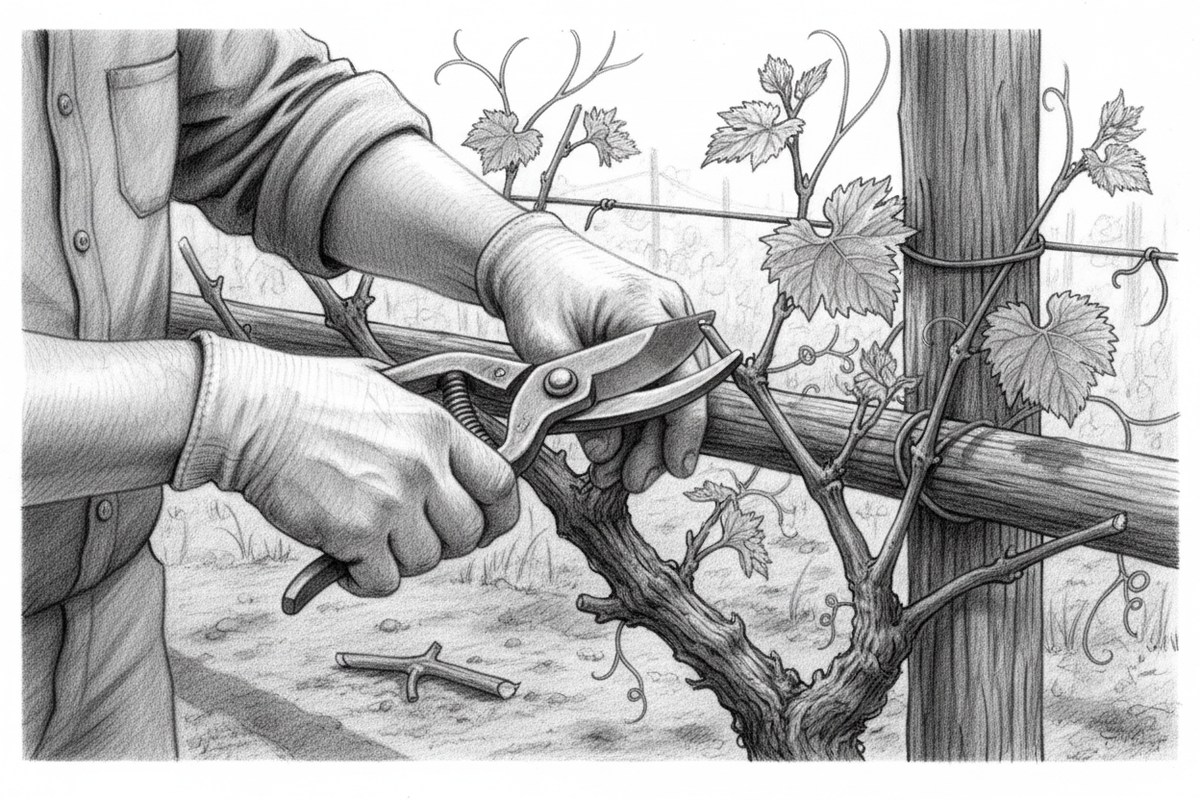 Black-and-white graphite drawing of a gardener carefully pruning one overcrowded grapevine branch in spring light
