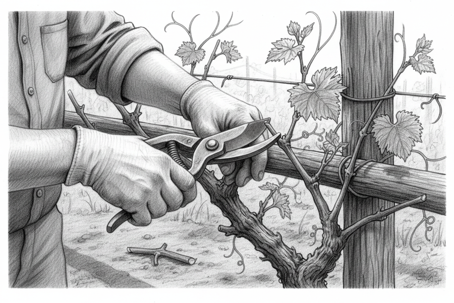 Black-and-white graphite drawing of a gardener carefully pruning one overcrowded grapevine branch in spring light