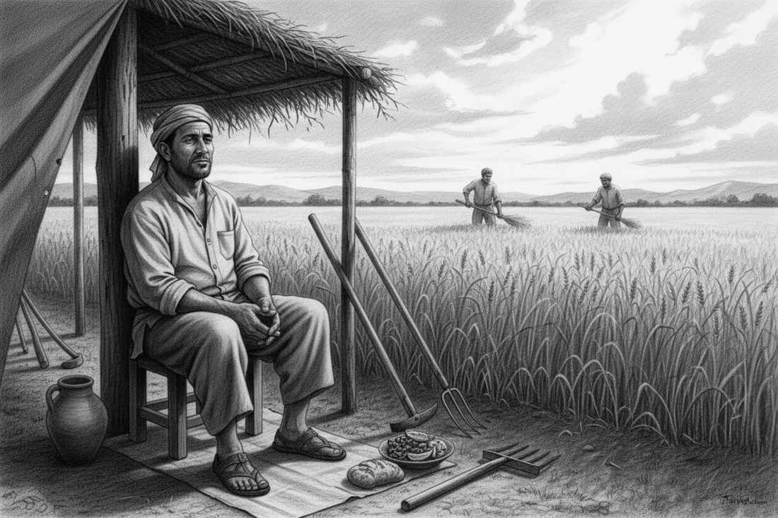 Black-and-white graphite drawing of a worker resting beside a partly harvested field while shared labor continues in the distance