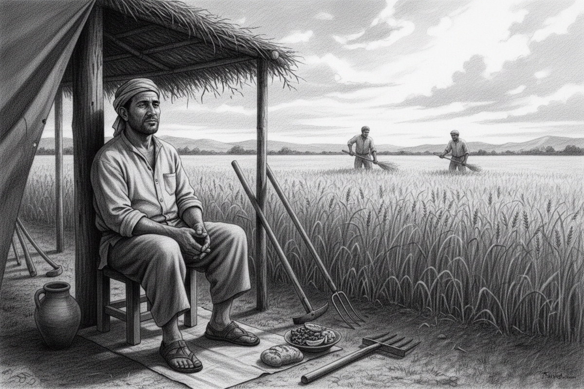 Black-and-white graphite drawing of a worker resting beside a partly harvested field while shared labor continues in the distance