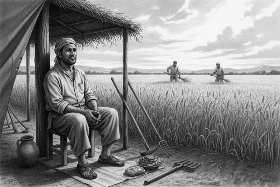Black-and-white graphite drawing of a worker resting beside a partly harvested field while shared labor continues in the distance