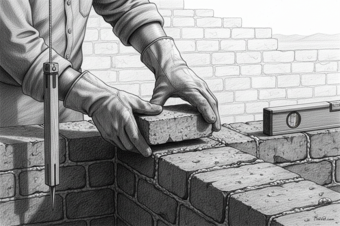 Black-and-white graphite drawing of a mason placing one carefully aligned brick into the first course of a strong foundation