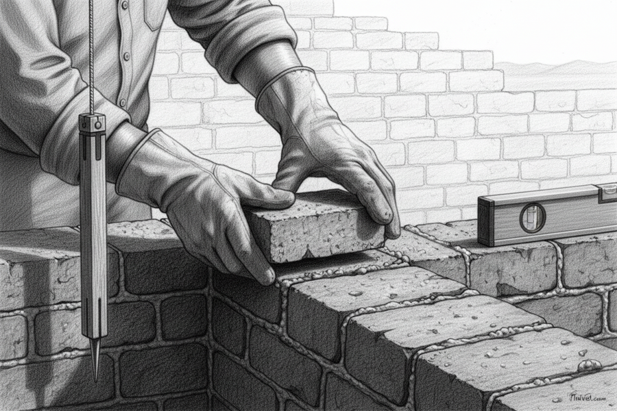 Black-and-white graphite drawing of a mason placing one carefully aligned brick into the first course of a strong foundation