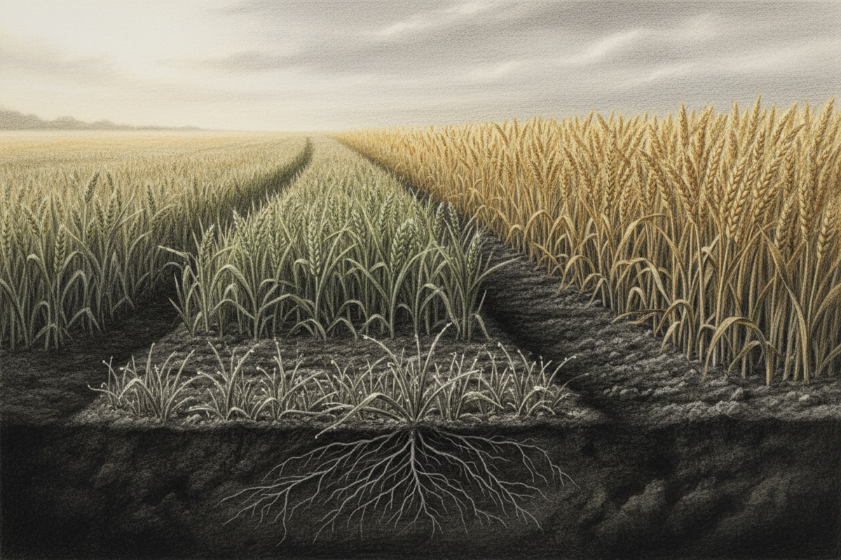 Black-and-white graphite drawing of three stages of grain growth beneath the same steady morning light