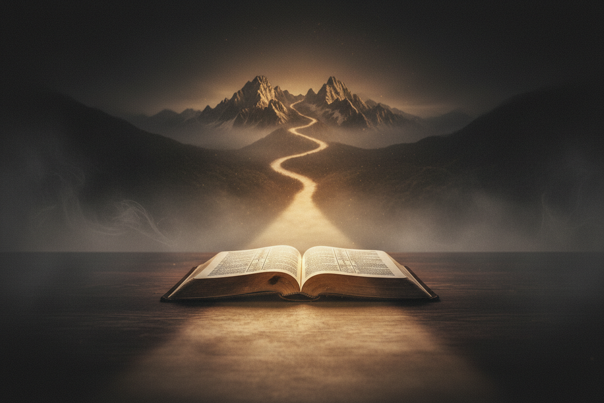 Open Bible illuminated by warm light beside a shadowed forked path, illustrating biblical truth and spiritual discernment.