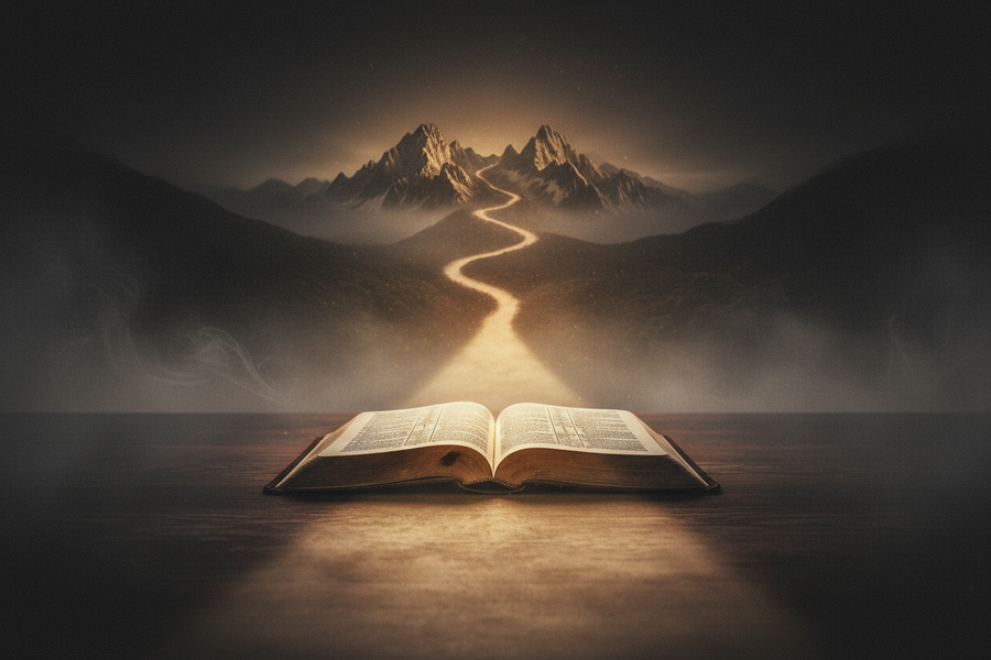 Open Bible illuminated by warm light beside a shadowed forked path, illustrating biblical truth and spiritual discernment.
