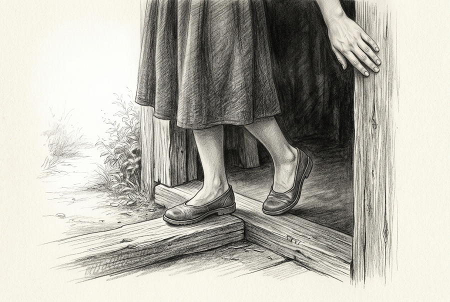 Graphite drawing of a woman in a long skirt and flat shoes stepping across a wooden doorway threshold, with one hand resting on the doorframe.