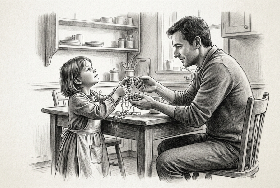 Graphite drawing of a young girl in an apron holding tangled strings toward her seated father, who leans forward to help at a kitchen table.