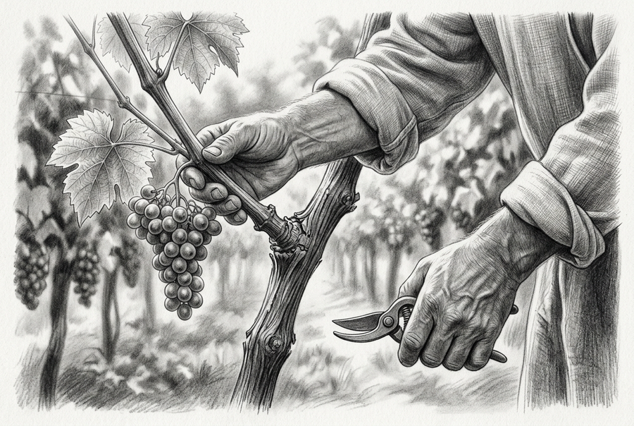 Graphite drawing of a gardener supporting a grape-bearing branch connected to a vine while holding pruning shears in the other hand.
