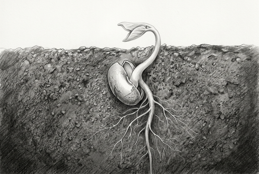 Graphite cutaway drawing of a germinating seed, with branching roots spreading through dark soil and a curved shoot bearing two small leaves above the surface.
