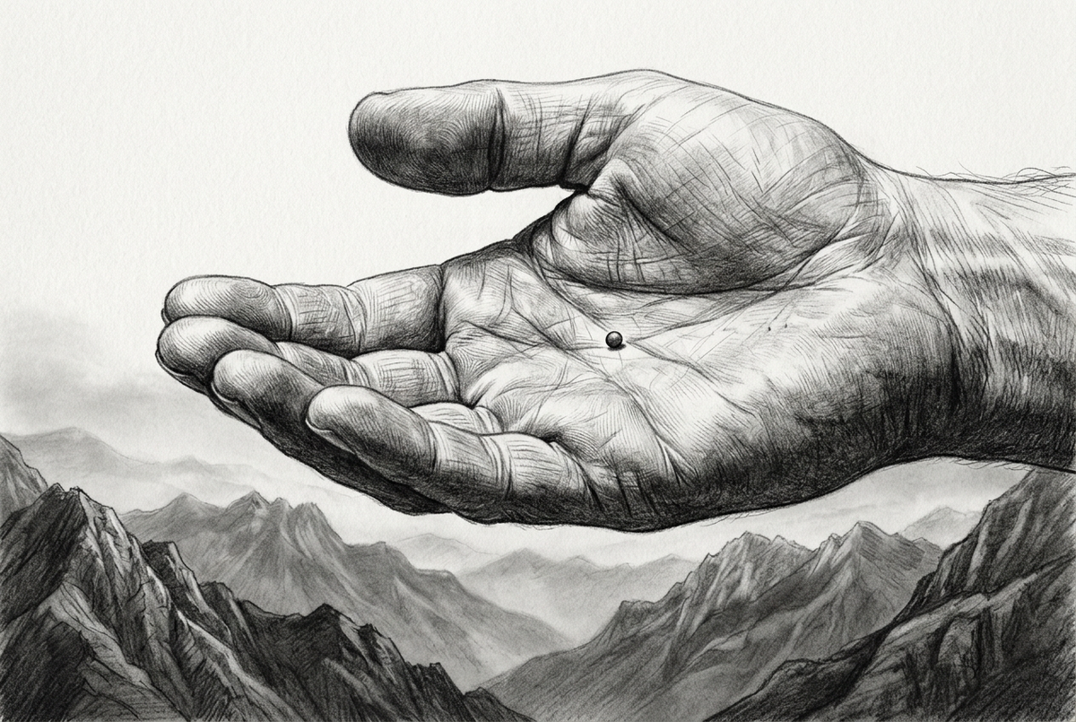 Graphite drawing of an open hand holding a tiny mustard seed above a rugged mountain landscape, illustrating Matthew 17:20.