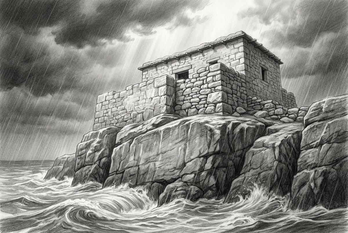 Graphite drawing of a stone house standing on bedrock above surging storm waters, illustrating Jesus’ teaching in Matthew 7:24–27.