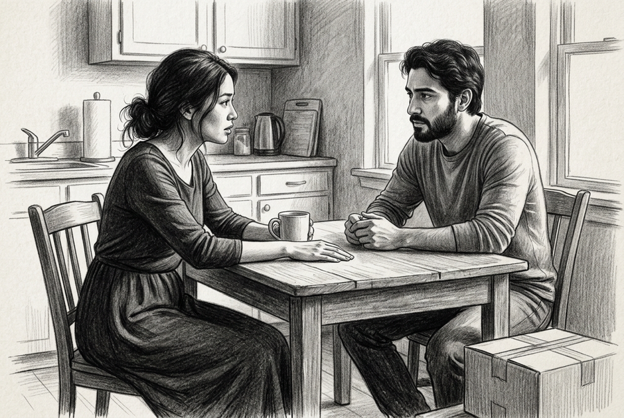 Graphite drawing of a woman and man having an attentive conversation across a kitchen table, with a packed moving box nearby.