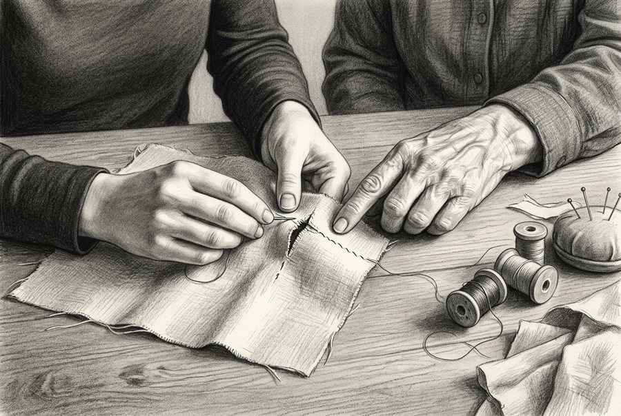 Graphite drawing of a learner stitching torn fabric while an older hand points beside the repair, with thread spools and a pincushion on a wooden table.