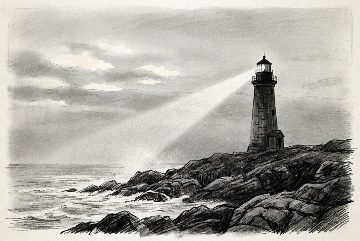 Graphite drawing of a stone lighthouse on a rugged coastline, its beam shining through sea mist above the waves.